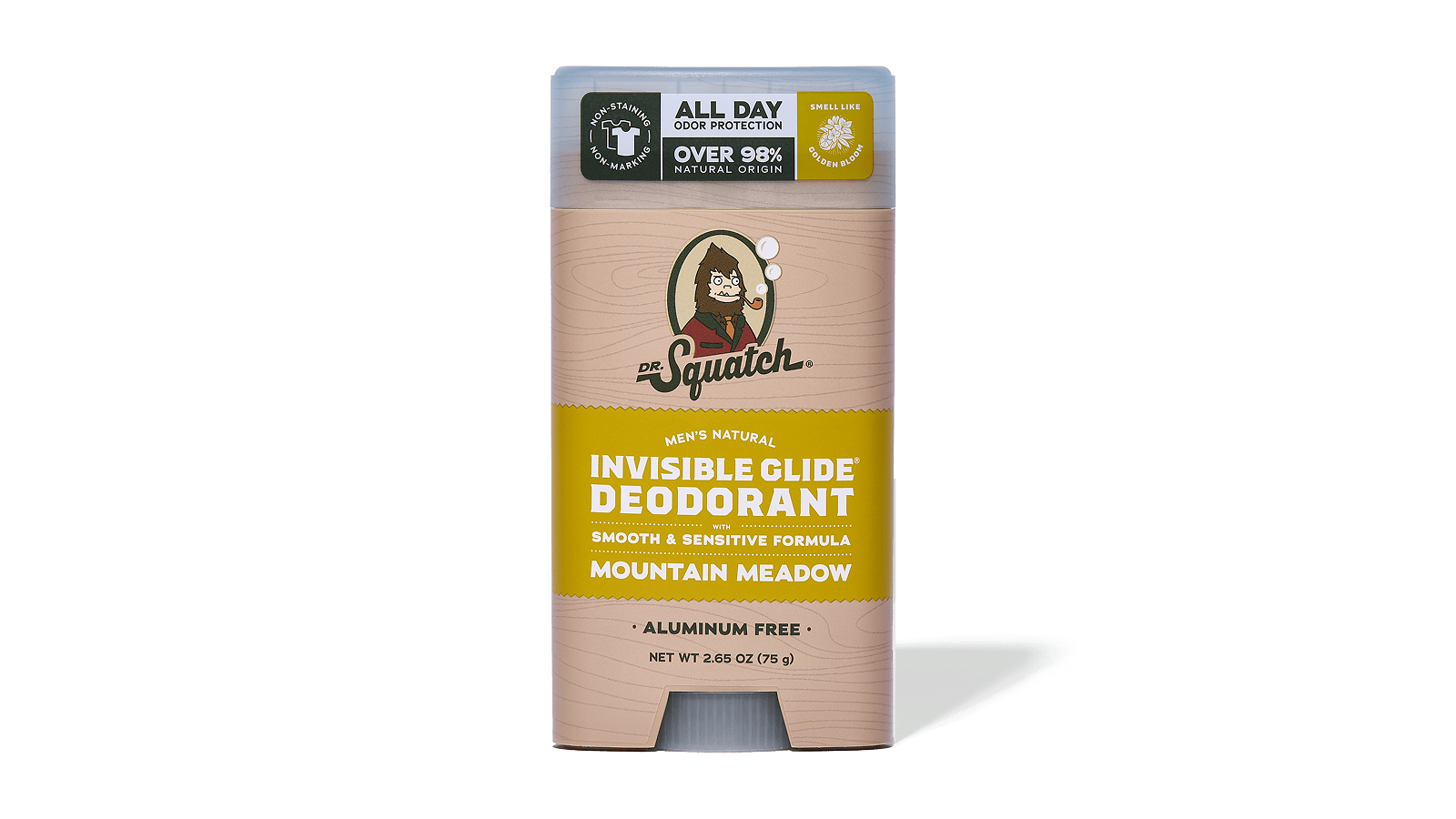 Squatch Invisible Glide Deodorant packaging on a green background